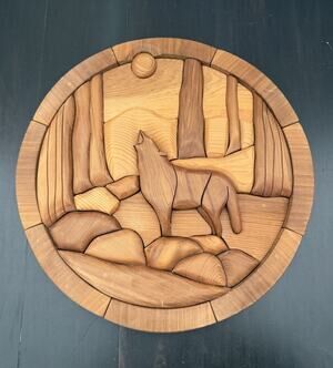 Intarsia Western Red Cedar B.C. Wood~Howling Wolf Wall Decor By J & M Dobmeier